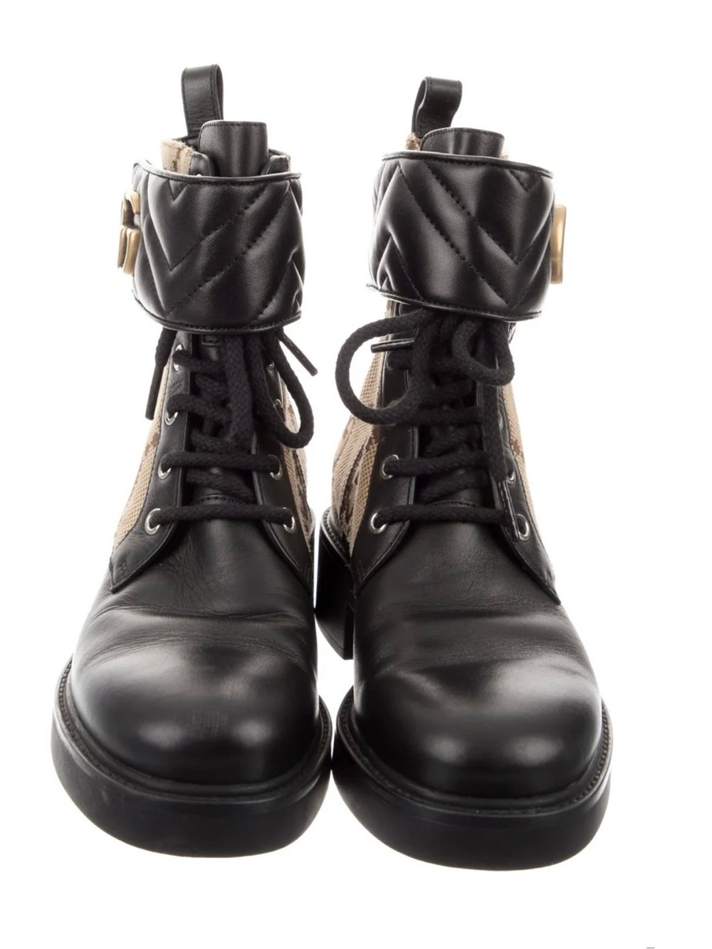 Worn once. Gucci Black Leather Lace-Up Quilted Cuff Combat Boots